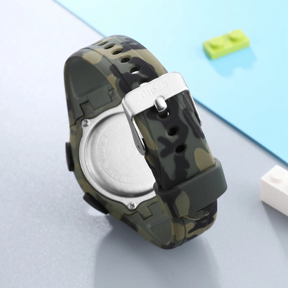 OHSEN Digital Kids Watches Boys Army Green Outdoor Sport Waterproof LED Wristwatch Alarm Stopwatch Electronic Children Watch