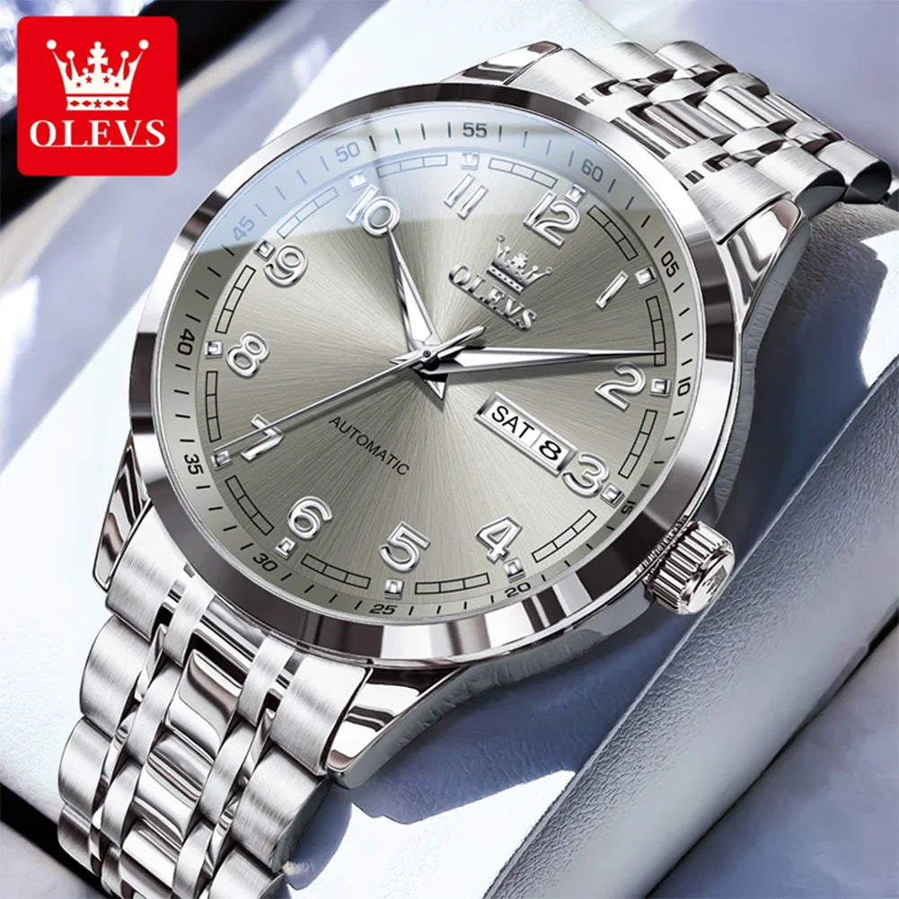 OLEVS Men Watches 7077 Luxury Fashion Top Brand Original Automatic Mechanical Watch for Man Double Scale Simple Trend Waterproof